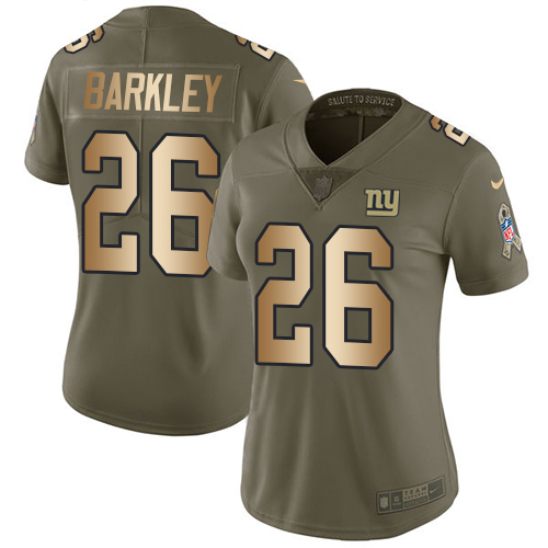 Nike Giants #26 Saquon Barkley Olive/Gold Women's Stitched NFL Limited Salute to Service Jersey